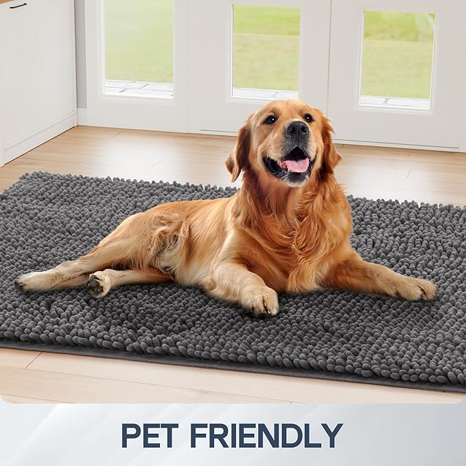 Dog Door Mat for Muddy Paws, 60" x 30" Chenille Absorbent Front Door Mat Inside, Large Runner Mud Mat for Dogs, Trap Dirt Washable Non Slip Outdoor Indoor Entrance Doormats, Grey