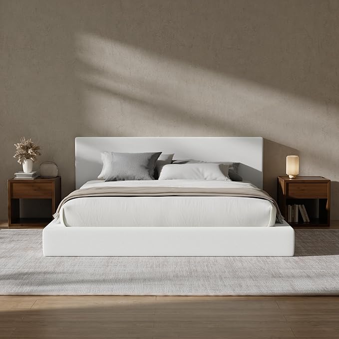 RECCI Cloud Upholstered King Bed Frame with Headboard, 5 Inch Foam Padded Platform, No Box Spring, Easy Assembly (Snow White)