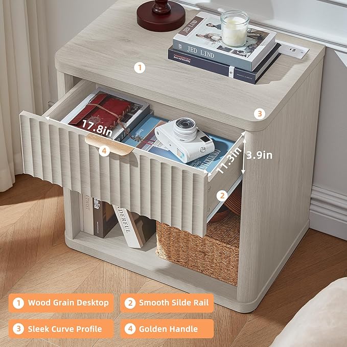 LEYAOYAO 23" Wide Fluted Night Stand with Charging Station, 1 Drawers Large End Table with Storage, LightGrey Nightstand Wood Bedside Tables, Farmhouse Cabinet Dresser for Bedroom, Closet