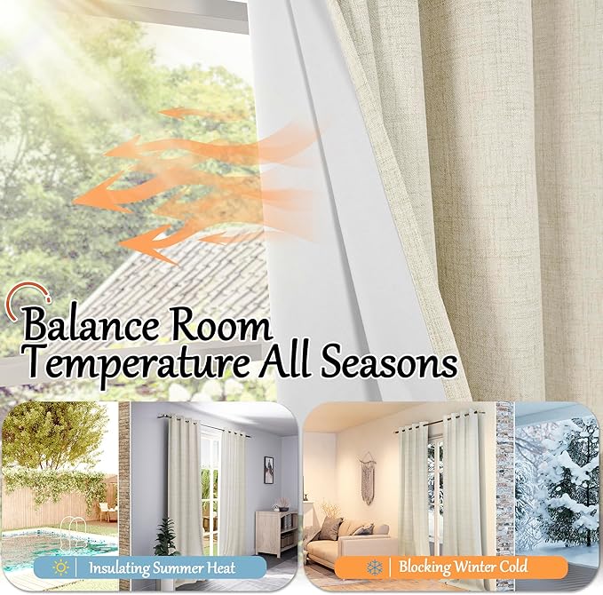 Linen Blackout Curtains for Living Room Narrow Window, Thermal Insulated Complete Light Blocking Privacy Soundproof Small Curtains for Bedroom, Each 38 Inch Wide 80 Inch Length 2 Panels, Natural