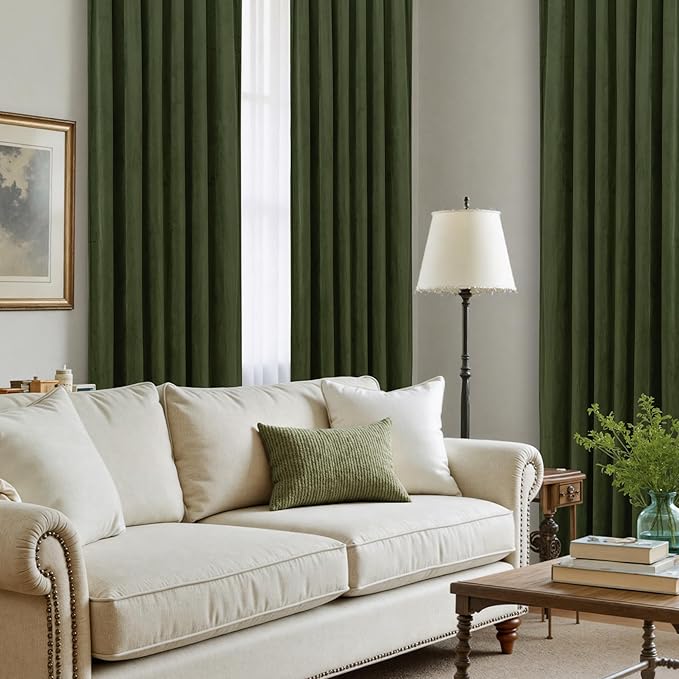LAMIT Olive Green Velvet Curtains for Living Room 102 Inch Length, Room Darkeing Blackout Panels Luxury Thermal Insulated Back Tab and Rod Pocket Window Drapes for Bedroom, 2 Panels, 52 x 102 Inch