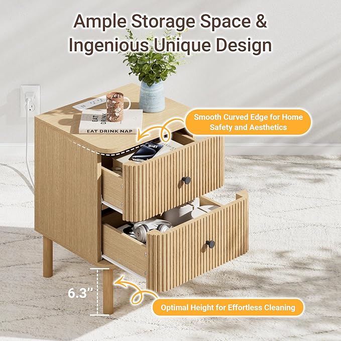 Night Stand with Charging Station, 18" Fluted Nightstand with Rounded Corners & Solid Wood Legs, 2 Drawers End Table with Storage, Mid Century Modern Bedside Table for Bedroom, Natural Oak