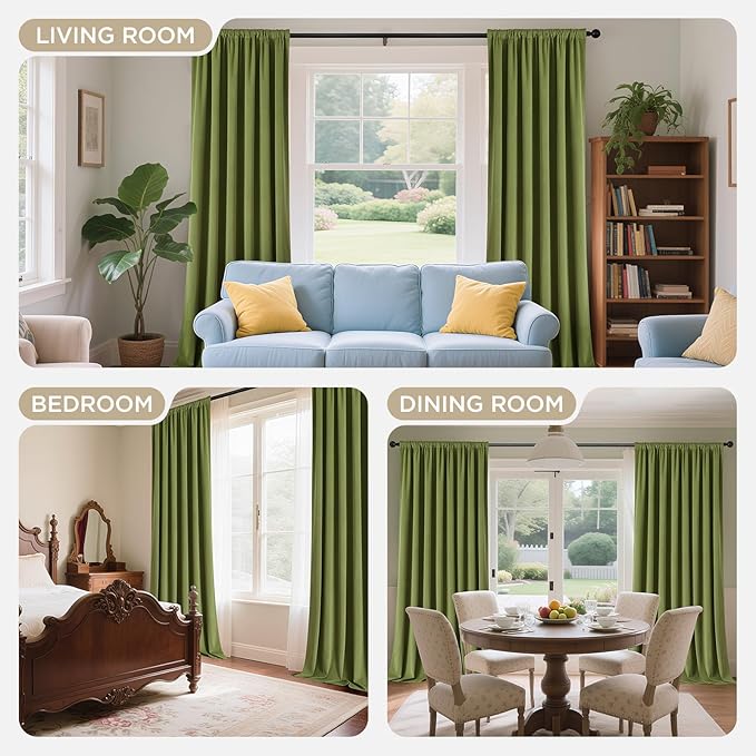 Joydeco Moss Green 100% Blackout Curtains 72 Inch 2 Panels, Luxury Thermal Green Velvet Curtains for Bedroom Living Room, Soundproof Blackout Window Drapes, Rod Pocket & Back Tab (52W x 72L)
