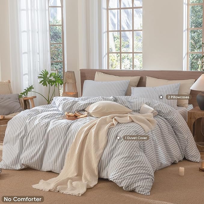 MooMee Striped Duvet Cover Set 100% Washed Cotton Linen Like Textured Breathable Durable Soft Comfy (Cornflower Blue White Classic Stripes, Palatial King/Oversized King 120"x98")