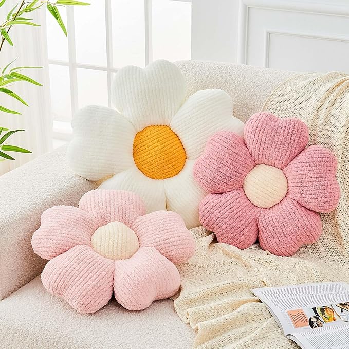 Kcvvcr Flower Throw Pillow, Cute Flower Shaped Pillow Decorative Throw Pillow for Bed Couch, Soft Daisy Pillows Floor Seating Cushion Cushions (14.9 Inch White+Yellow)