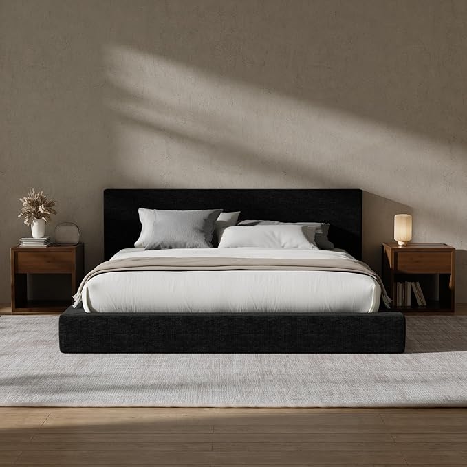 RECCI Cloud Upholstered King Bed Frame with Headboard, 5 Inch Foam Padded Platform, No Box Spring, Easy Assembly (Onyx Black)