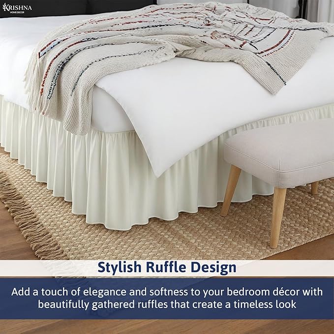 KRISHNA Ruffled Bed Skirt with Split Corners Queen, 100% Microfiber Hotel Quality, 24 Inch Drop Dust Ruffle Gathered Bedskirt with Platform, 60" x 80", Ivory