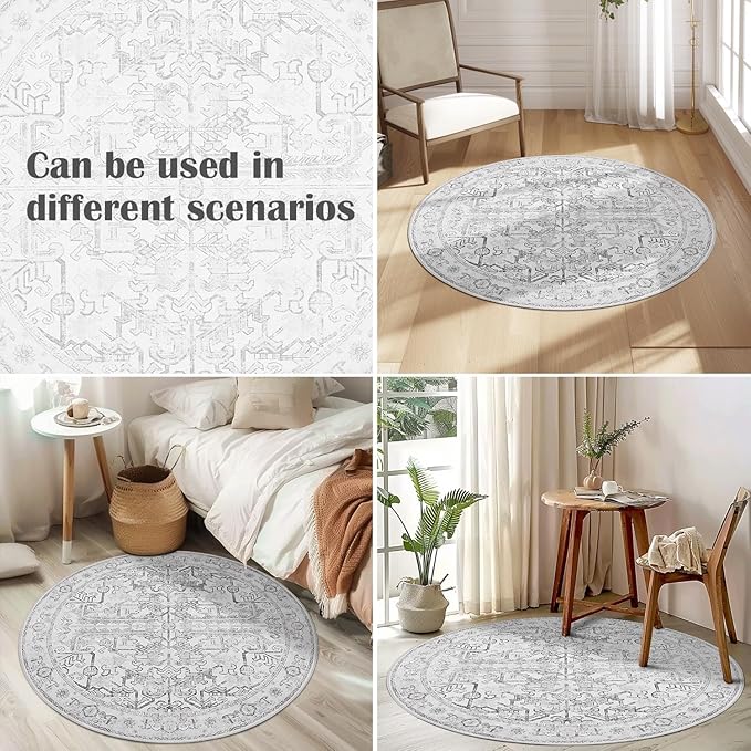 jinchan Lima Round Rug 5ft Vintage Machine Washable Area Rug Indoor Circle 5' Ultra-Thin Non-Slip Floral Print Carpet for Farmhouse Entryway Dining Room Living Room Bedroom Office (5'Round, Grey)