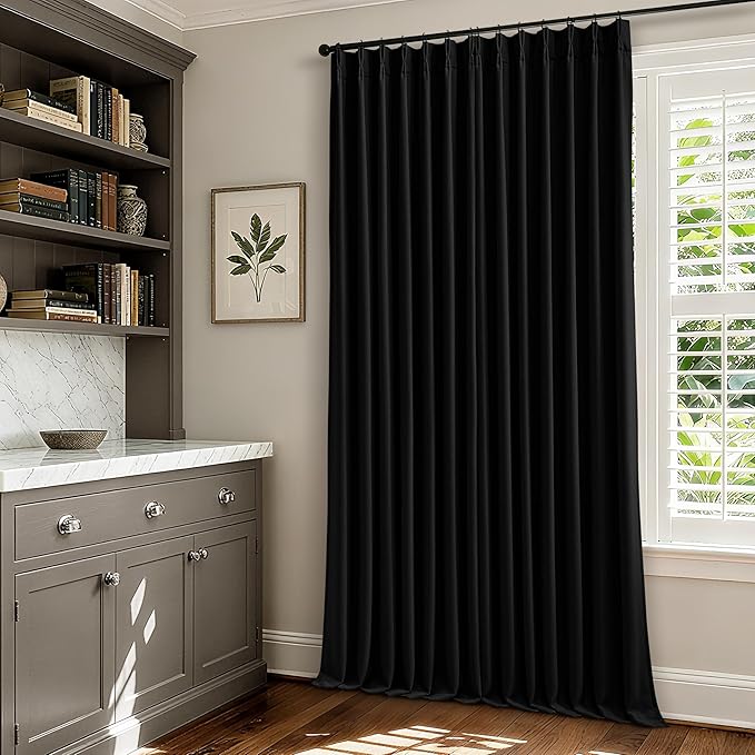 Pinch Pleated Blackout Curtains 102 Inches Long for Bedroom 100% Black Out Thick Linen Dual Layer Pinch Pleat Drapes with Back Tab Farmhouse Modern Black 102 Inch Curtain for Dining Living Room
