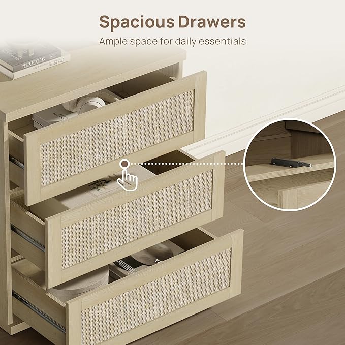 SICOTAS Dresser for Bedroom - 31" Tall Rattan Dresser with 3 Drawers Boho Dressers & Chests of Drawers Dressers for Bedroom Deep Bedside Table Clothes Closet Storage for Closet Hallway Entryway