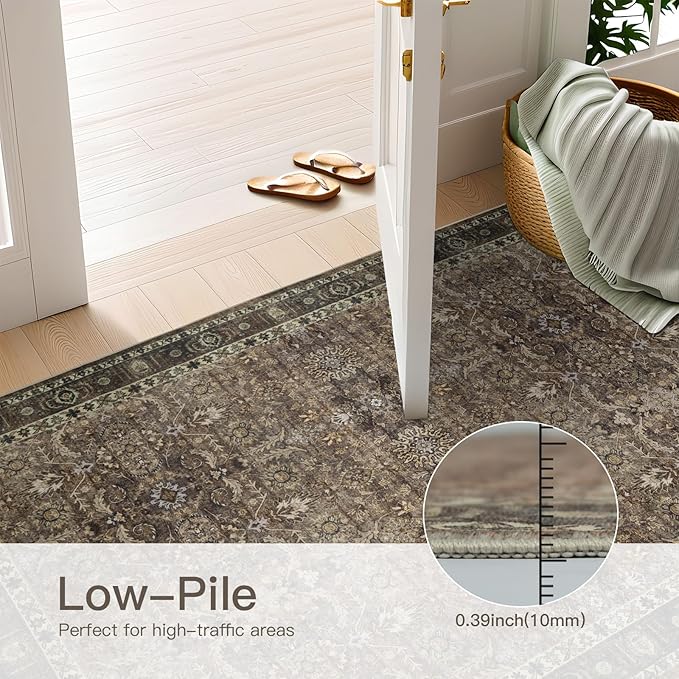 5x7 Vintage Washable Area Rug for Living Room,Low Pile Non Slip Carpet Non-Shedding Area Rug Soft Indoor Stain Resistant Rug Floral Print Mat for Bedroom Dining Room Brown Floral