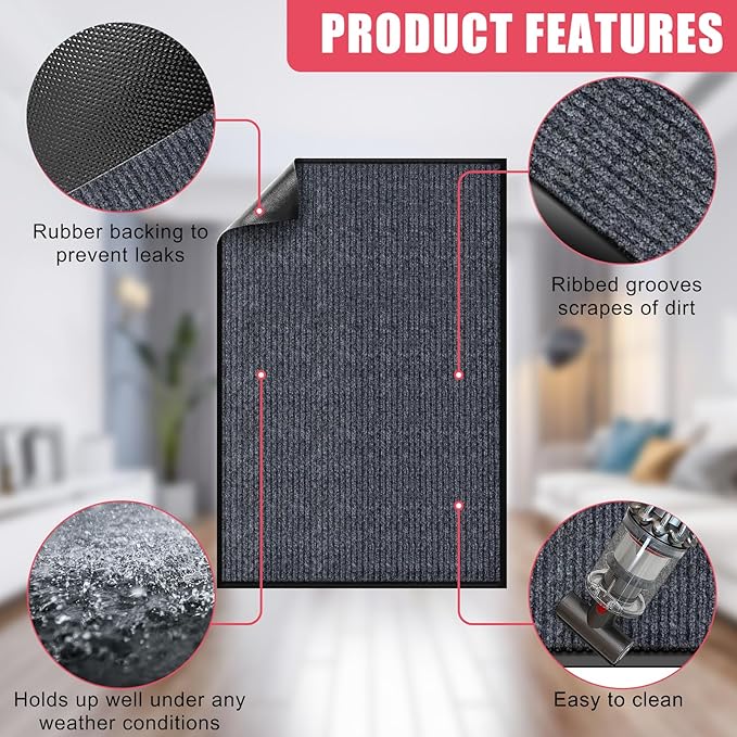 Kuyal Front Door Mat, 2'x6' Indoor Outdoor Entrance Mat, Commercial Floor Mats Inside Outside Entrance, Heavy Duty Durable Welcome Mats, Rubber Backing Non Slip Outdoor Mats for Entryway,Dark Gray