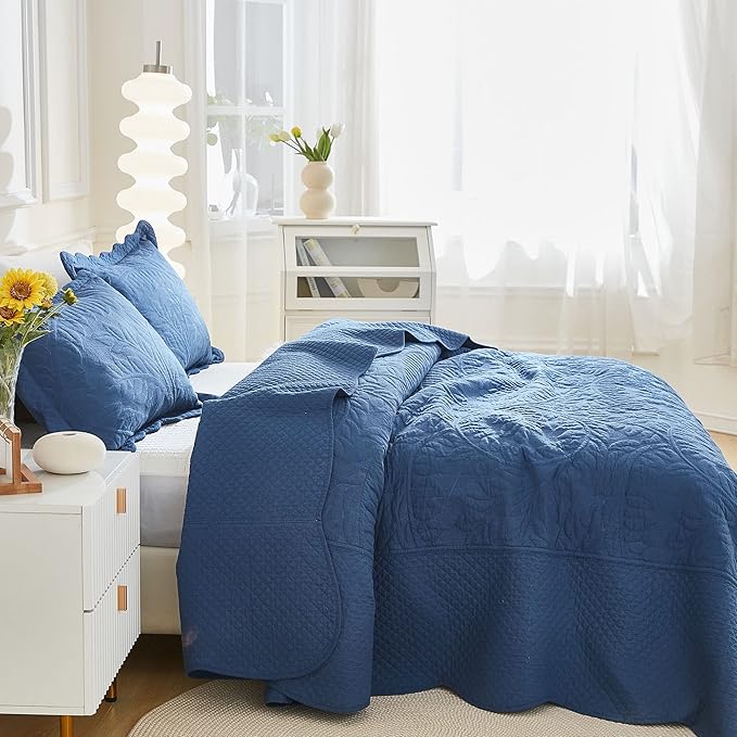 MarCielo 3-Piece 100% Cotton Oversized Bedspread Lightweight Quilt Coverlet Embroidery Farmhouse Bedding Set T0 (Midtone Blue, Twin (68"x86"))
