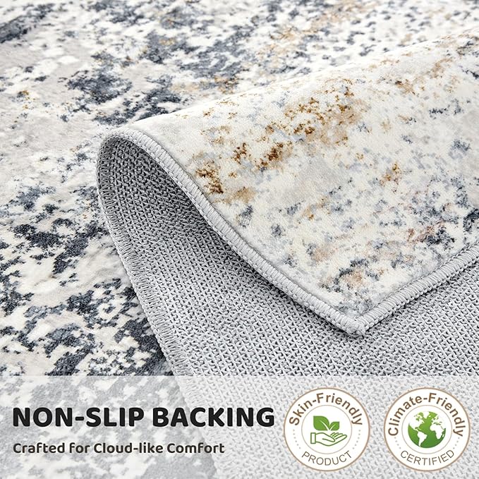 Washable Runner Rug for Hallway: 2x6 Neutral Modern Abstract Low Pile Area Rug with Non-Slip Backing - Carpet for Bedroom Kitchen Laundry Entryway Bathroom Indoor - Beige Blue