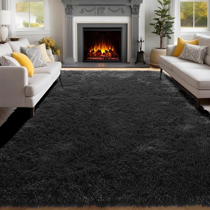 PAGISOFE Black Fluffy Shag Area Rugs for Bedroom 5x7, Soft Fuzzy Shaggy Machine Washable Rugs for Living Room,Plush Nursery Rug Kids Room Furry Floor Rug Boys Carpet for Teen Dorm Black Room Decor