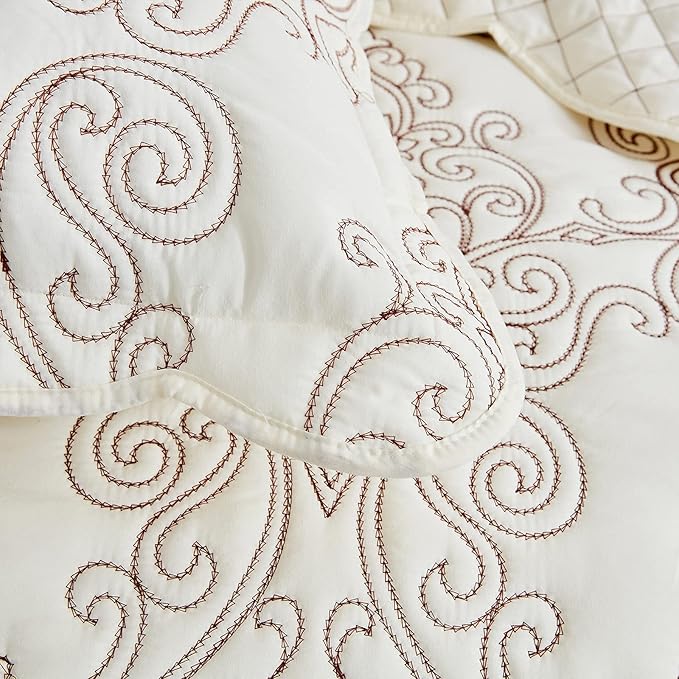 CHIXIN Bedspread Coverlet Quilt Set Full Size - Lightweight Bedding Cover - Beautiful Stitching - 5 Piece Reversible Bedspread - Luxury Damask Paisley Pattern (Full, Ivory)