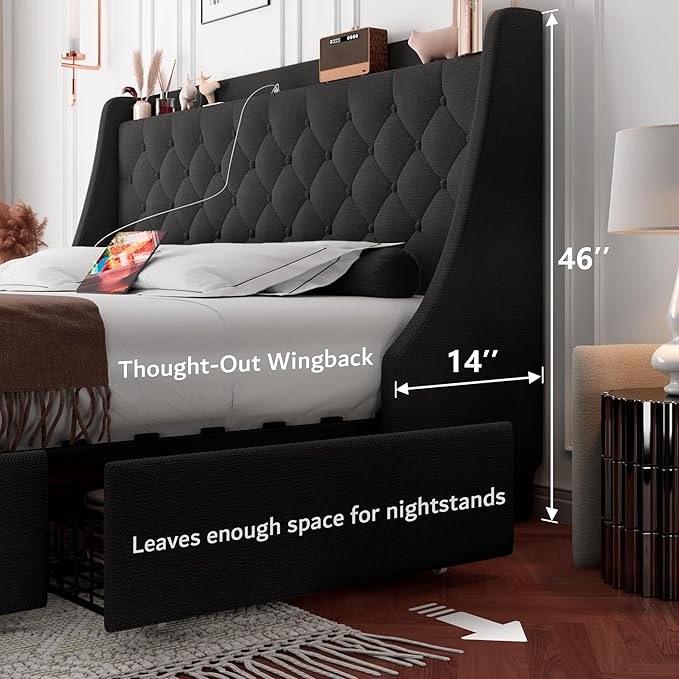 iPormis Queen Bed Frame with 4 Storage Drawers, Upholstered Platform Bed Frame with Type-C & USB Ports, Wingback Storage Headboard, Solid Wood Slats, No Box Spring Needed, Black