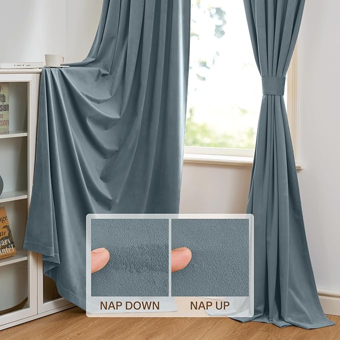 StangH Stone Blue Velvet Curtains - Solid Light Blocking Privacy Drapes for Nursery Bedroom, Thermal Insulated Home Decor for Boys Room/Office, W52 x L96, 2 Panels