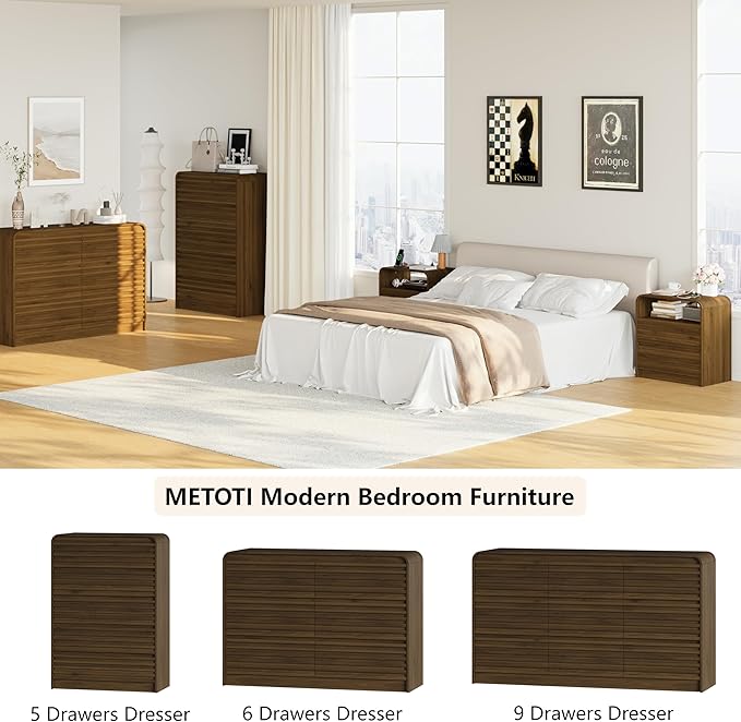 24” Wide Modern Fluted Nightstand with Charging Station, Wood Bedside Table with 2 Storage Drawers, Mid Century End Table Nigthstand with Curved Profile for Bedroom, Living Room, Walnut