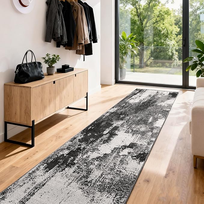 Machine Washable Runner Rug 2x6: Non Slip Hallway Rug Low Pile Kitchen Runner Soft Abstract Rug with Rubber Backing for Entryway Bedroom Bathroom Farmhouse Laundry Living Room Black White 2x6