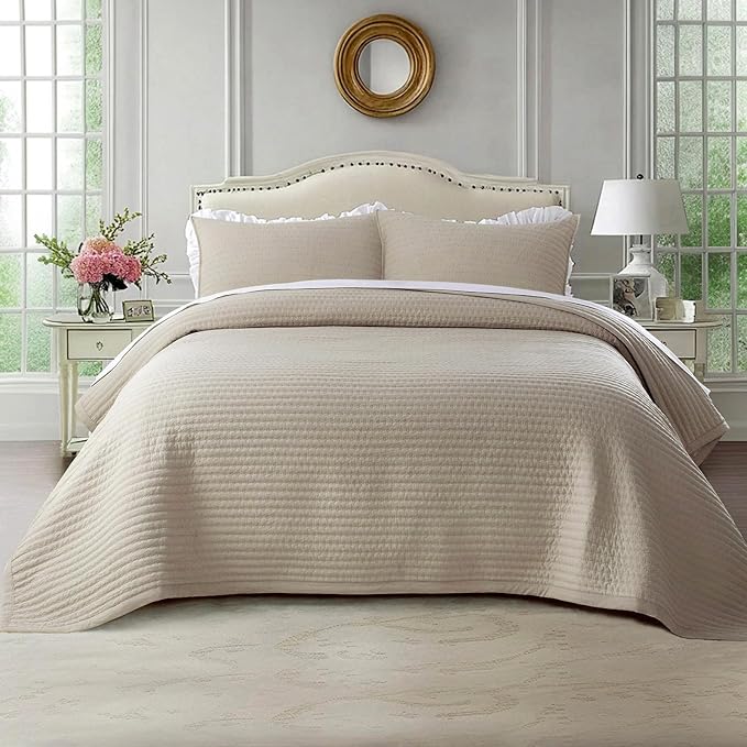 KASENTEX Queen XL Quilt Set 98"x98" – Soft Washed 3-Layer Lightweight Bedspread, Minimalist Nordic Design, All-Season Spring & Summer Quilt Set (1 Quilt + 2 Pillow Shams),Light Taupe