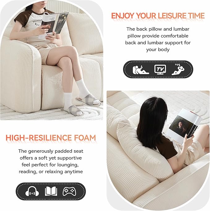 Corduroy Boneless Living Room Sets, Modern Upholstered Loveseat with 2 Signle Sofa Chairs, Comfy Deep Seat Cloud Sofa Couch Sets for Living Room, White