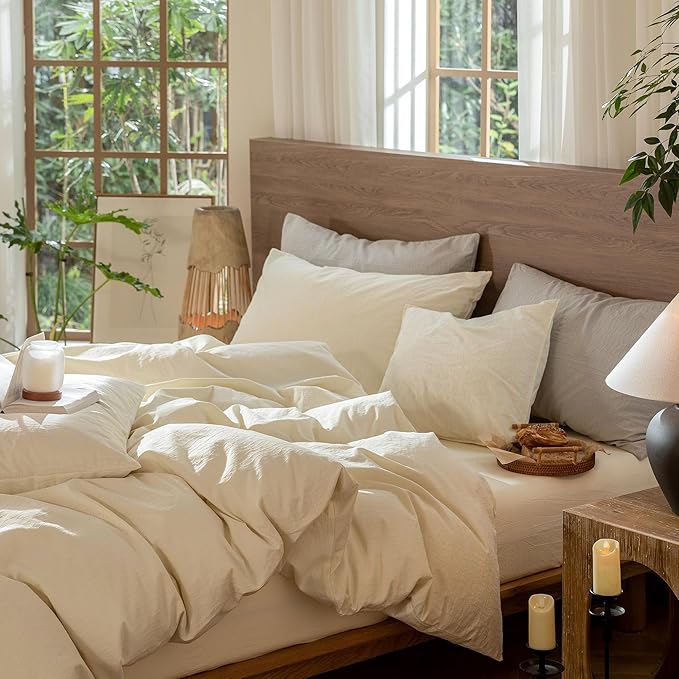 MooMee Wavy Striped Duvet Cover Set 100% Washed Cotton Linen Like Textured Breathable Durable Soft Comfy (Cream White, Twin 68"x90")