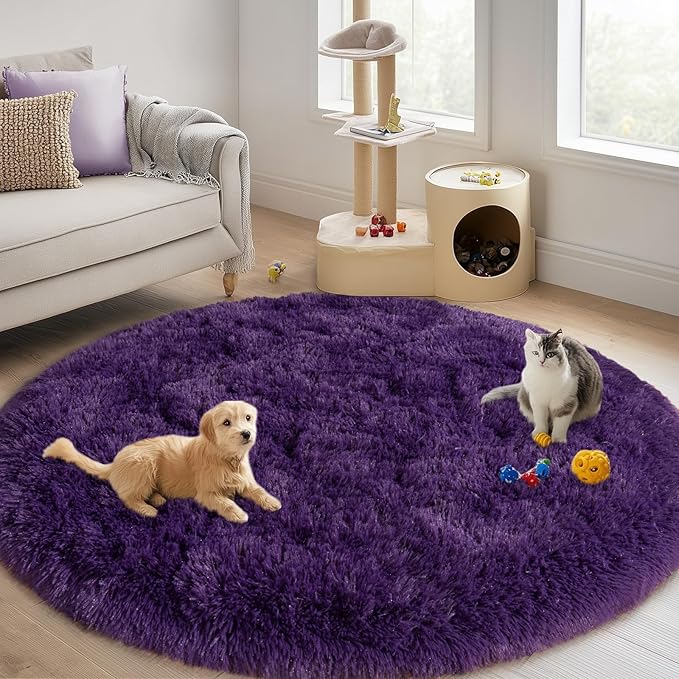 Round Purple Rug for Bedroom, 5 ft Circle Area Rugs for Living Room, Soft Fluffy Shag Carpet for Teen Girls Boys Nursery Room Dorm Home Decor Aesthetic