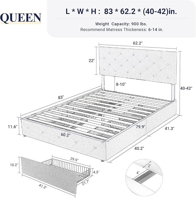 Allewie Upholstered Queen Size Platform Bed Frame with 4 Storage Drawers and Headboard, Diamond Stitched Button Tufted, Mattress Foundation with Wooden Slats Support, No Box Spring Needed, Black Brown