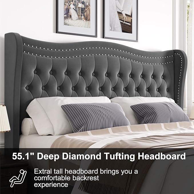 King Bed Frame with Tall Headboard & Footboard, Velvet Upholstered Platform Bed Frame with Deep Button Tufted Wingback, No Box Spring Needed, Noise Free, Grey