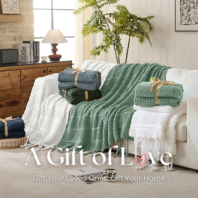 Boho Knitted Chenille Blanket with Tassels - Lightweight & Soft All-Season Throw - 3D Classic Pattern for Living Room Bedroom Couch, Cloud White, Queen 90"x90"
