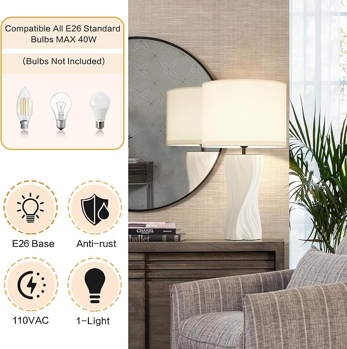 Modern Plug in Ceramic Table Lamps Large 26.75In White Table Lamp Living Room