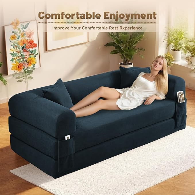 Convertible Sleeper Sofa Bed,80" Folding Sofa Bed Queen with Storage,Corduroy Pull Out Couch with Bed,Boneless Couches for Living Room,Compressed Couch in a Box,Navy Blue