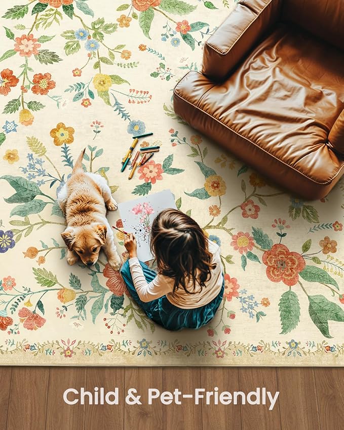 Amada 3x5 Washable Area Rugs, Non-Slip & Low-Profile Entryway Rug with Reinforced Edge Binding, Boho Floral Pattern, Soft Washable Rug for Bedroom, Entryway & Home Office