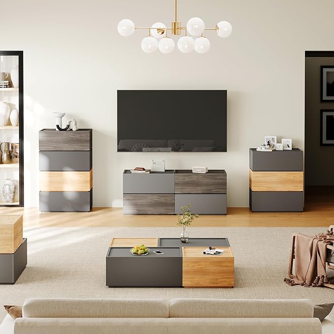 Modular Stackable Drawers, Modern Nightstand Modular Storage Bins - Storage Cabinet, Bedside Table, Sofa End Table for Living Room Hallway Entryway Oak Small Set 1