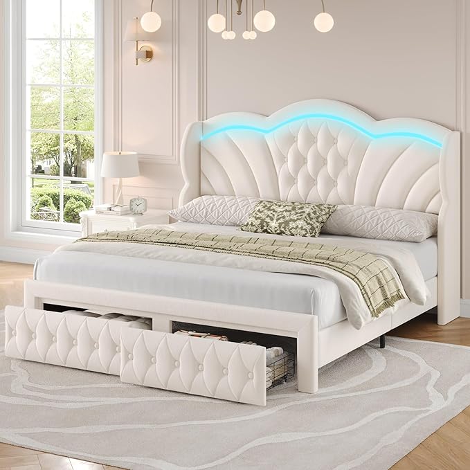Keyluv Full Bed Frame Arc-Shaped LED Lights and 47.2" Height Wingback Bed, Button Tufted Headboard and Footboard with Storage Drawer, Velvet Upholstered Platform Bed Frame No Box Spring Needed, Beige