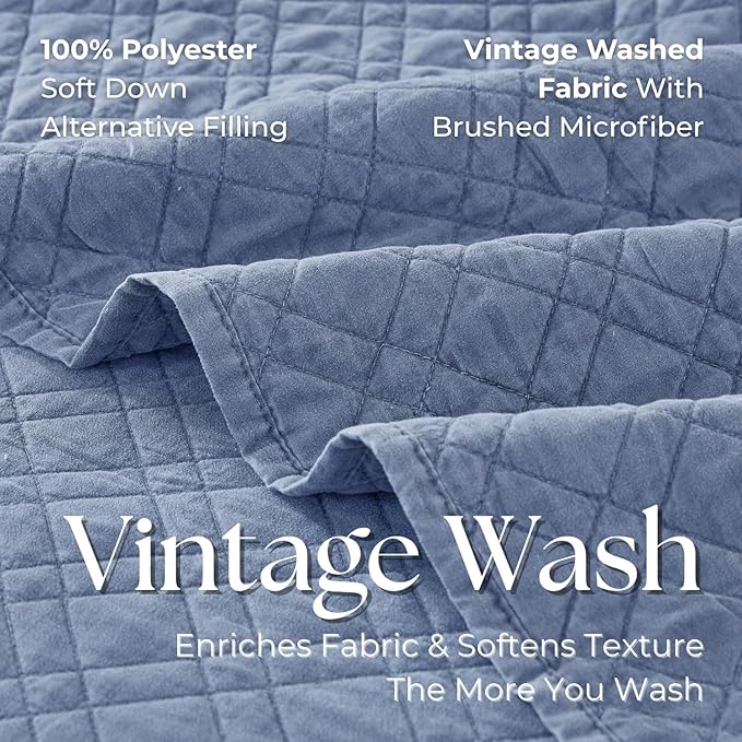 DOWN HOME Queen Quilt Set with Shams Lightweight Quilted Bedspread Coverlet Thin Comforter Bed Cover Vintage Washed Quilted Blanket for All Season, Brushed Microfiber Diamond Stitching, Blue, 88"x92"
