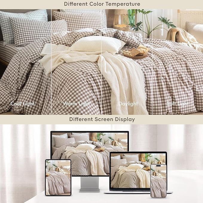 MooMee Gingham Duvet Cover Set 100% Washed Cotton Linen Like Textured Breathable Durable Soft Comfy Modern Checkered Design (Brown Gingham, Twin 68"x90")