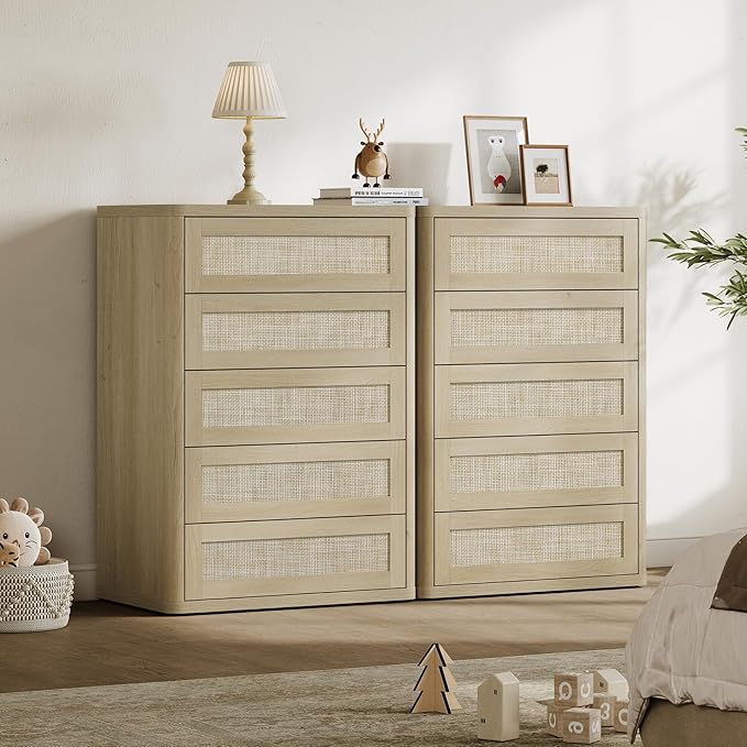 SICOTAS Tall Dresser for Bedroom - Rattan 5 Drawer Dressers Chest of Drawers with Push-to-Open Design, Boho Extra Deep Clothes Dresser with Large Storage for Closet, Living Room, Sand Oak, 2PCS