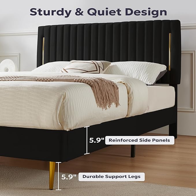 Queen Platform Bed Frame, Velvet Upholstered Bedframe with Vertical Channel Adjustable Headboard, Golden Plating Trim, Mattress Foundation with Wooden Slats, No Box Spring Needed, Black