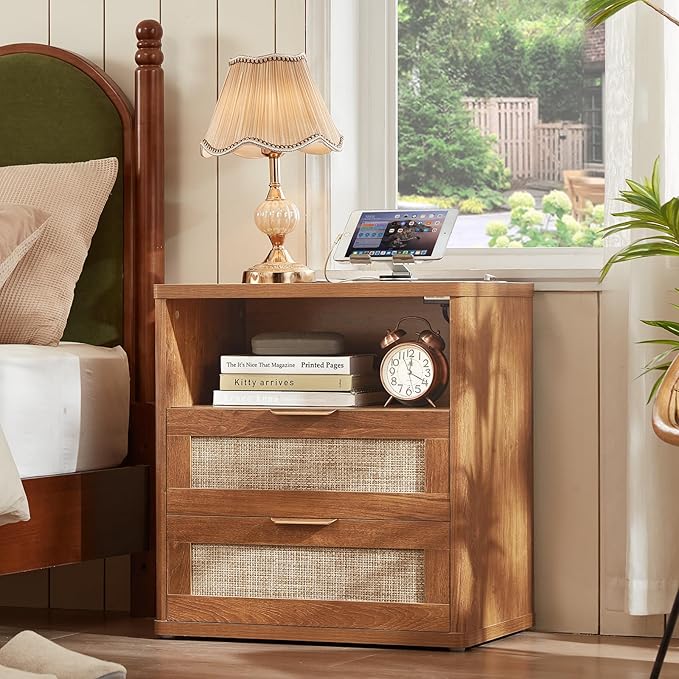 LEYAOYAO Rattan Dresser and Nightstand Sets 3 Piece, Boho Wood Dresser for Bedroom with 6 Drawers and Night Stand with Charging Station, Bedroom Furniture, Dressers & Chests of Drawers, Living Room