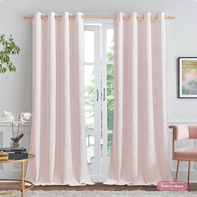 Beauoop Pink Floral Jacquard Blackout Curtains 108 Inches Long 2 Panels for Bedroom Living Room Chenille Flower Room Darkening Thermal Soundproof Grommet Window Treatments Drapes, 52x108