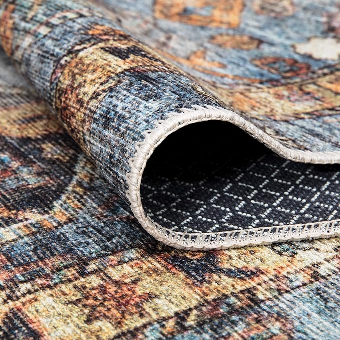 Bloom Rugs Washable Non-Slip 3' x 5' Rug - Blue/Orange Traditional Bordered Area Rug for Living Room, Bedroom, Dining Room, and Kitchen - Exact Size: 3' x 5'