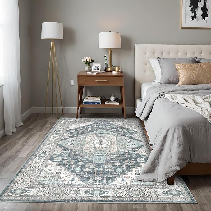 3x5 Vintage Washable Area Rug for Living Room,Low Pile Non Slip Carpet Non-Shedding Small Area Rug Soft Indoor Stain Resistant Rug Boho Print Mat for Bedroom Dining Room Blue Beige Multi