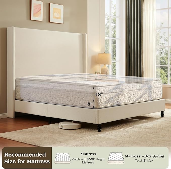 Queen Bed Frame with 63" Tall Headboard, Horizontal Fine Corduroy Bed Frame with Wingback, Upholstered Platform Bed, Vintage Solid Wood Gourd Legs, No Box Spring Needed, Cream