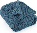 Chunky Knit Throw Blanket 60"X 80", 100% Handmade with Soft Chenille Yarn, 6.7lbs Thick Cable Knitted Blankets, Large Rope Knot Crochet Throws for Couch Sofa Bed Home Decor, Mineral Blue