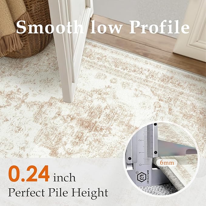 Runner Rug 2x6 Cream Hallway Washable Beige Carpet Non Slip Vintage Medallion Beige Carpet Low Pile Soft Distressed Retro Indoor Long Rug for Entryway Kitchen Bathroom Laundry Bedroom