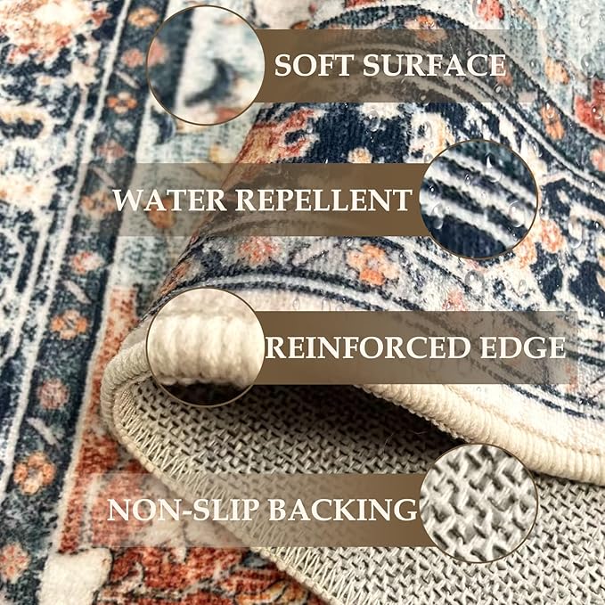 Area Rugs Square 4ft Washable Non-Slip, Floral Vintage Distress Print Pattern Medallion Carpet for Living Room Bedroom Dining Room, Beige Navy Blue Orange Colorful