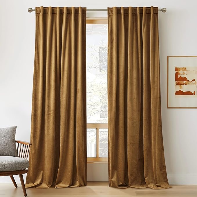 RYB HOME Brown Velvet Curtains 102 inches, Back Tab Soft Fabric Light Blocking Thermal Insulated Luxurious Home Decor Curtains for Living Room Bedroom, W 52" x L 102", 2 Panels Set