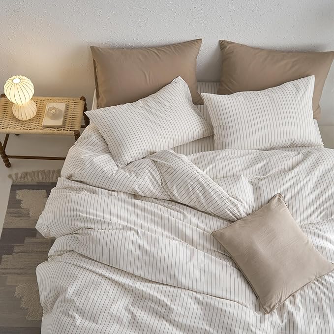 MooMee Striped Duvet Cover Set 100% Washed Cotton Linen Like Textured Breathable Durable Soft Comfy (White Tannish Linen Grey Wide Stripes, Super King Plus 120"x120")